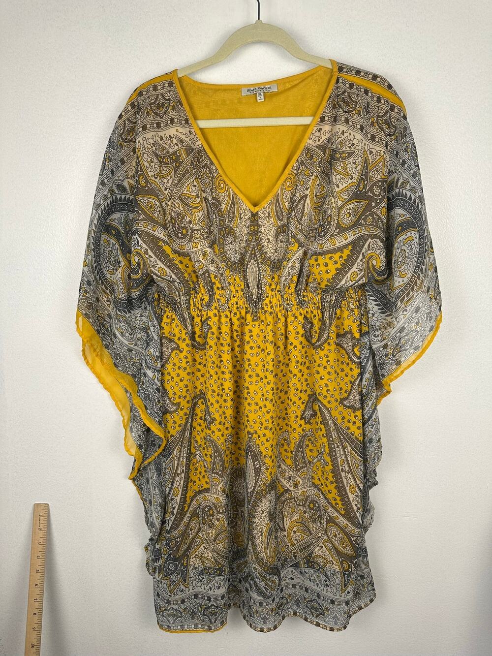 Speed Control New York kaftan dress yellow and gray paisley print kimono sleeves